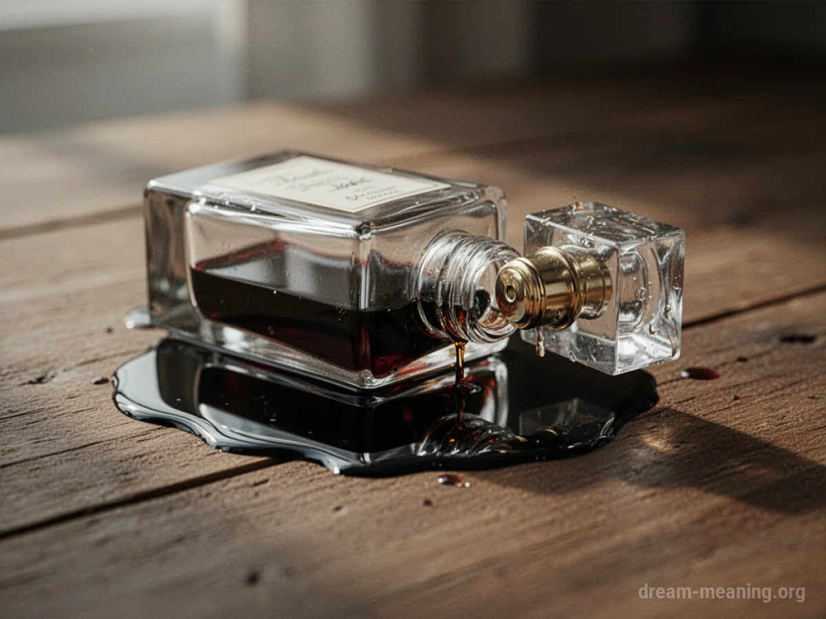 A spilled perfume bottle on a wooden floor.