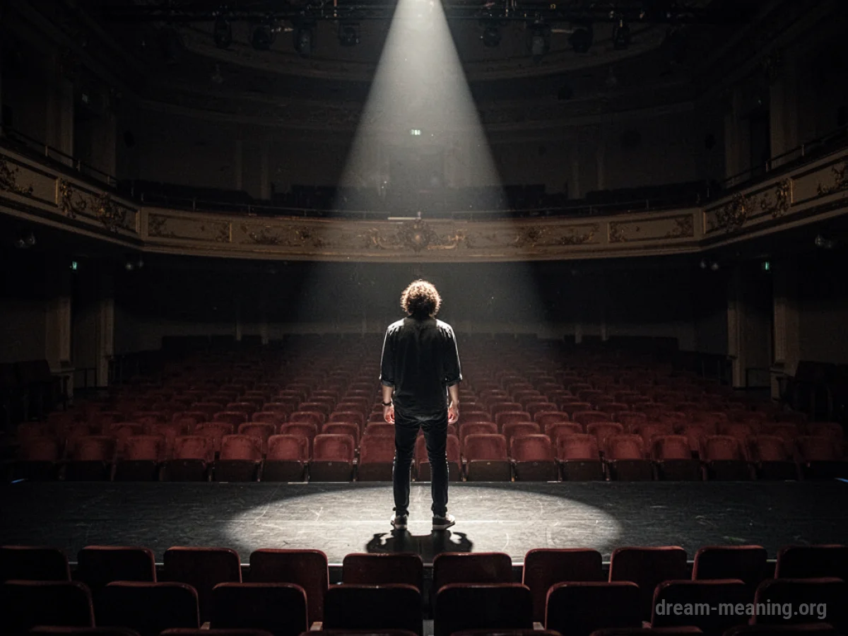A lone figure on a stage under a spotlight, facing an empty audience.