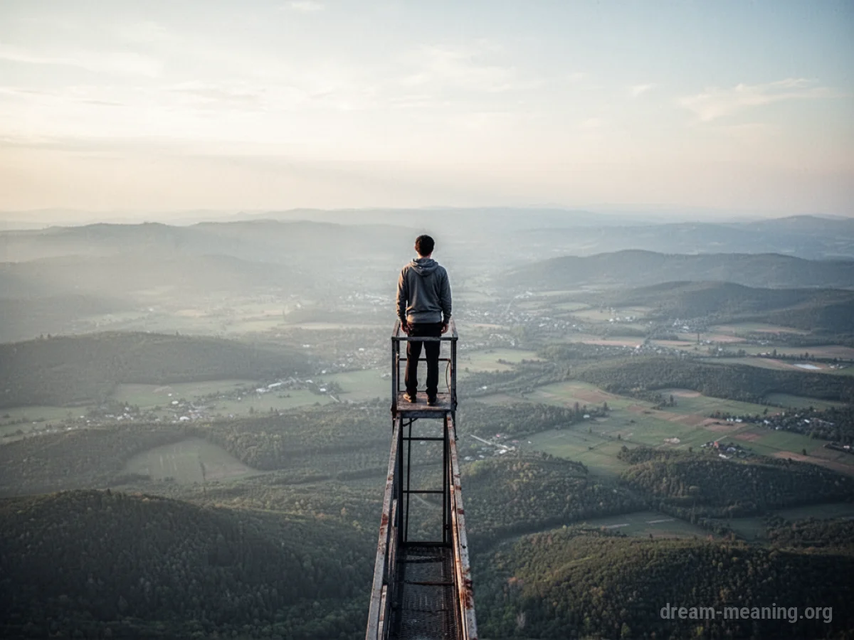 A lone figure stands on a high, precarious platform with a wide vista below.