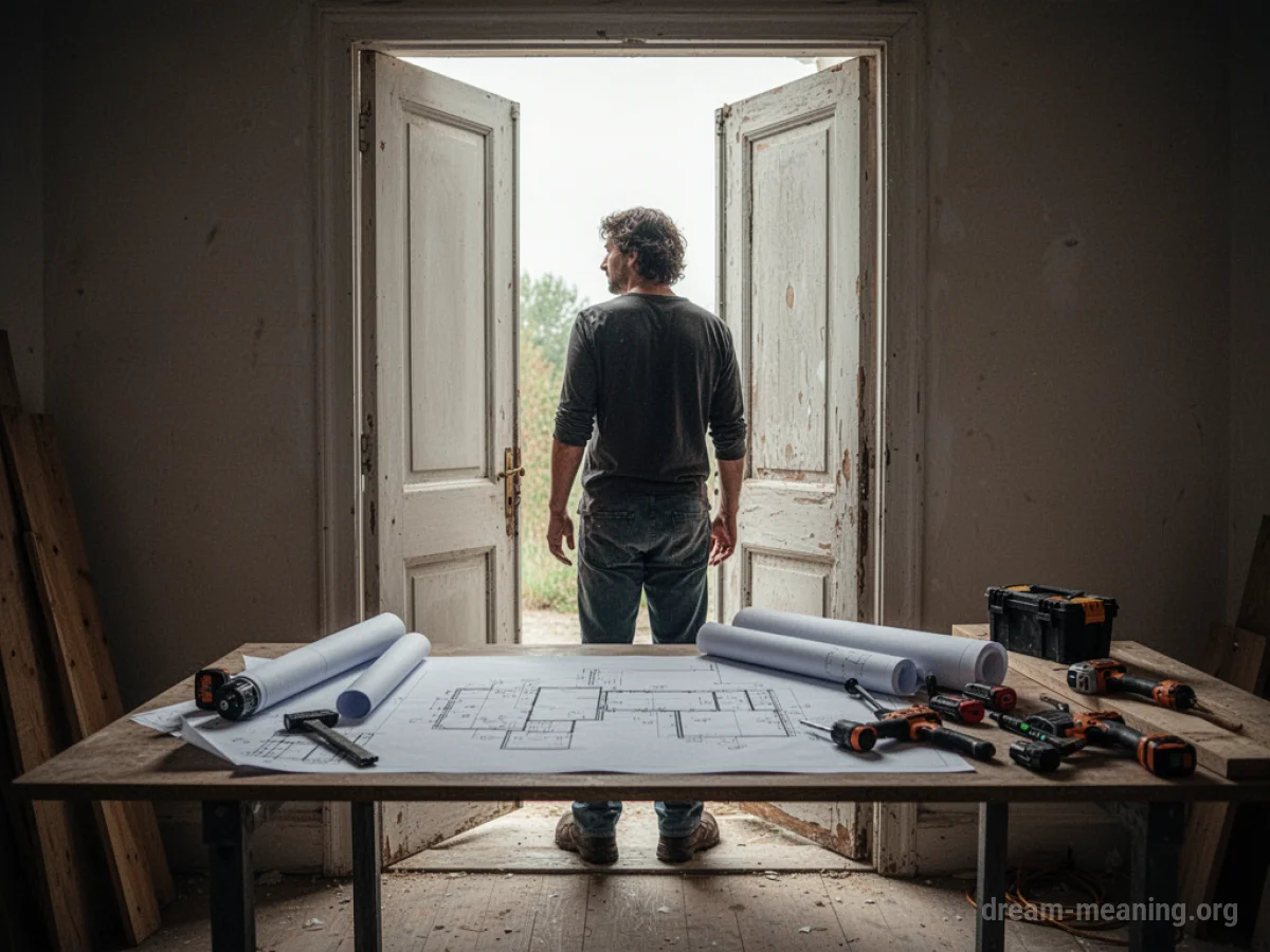 A person looks through an open doorway, with building plans visible inside.