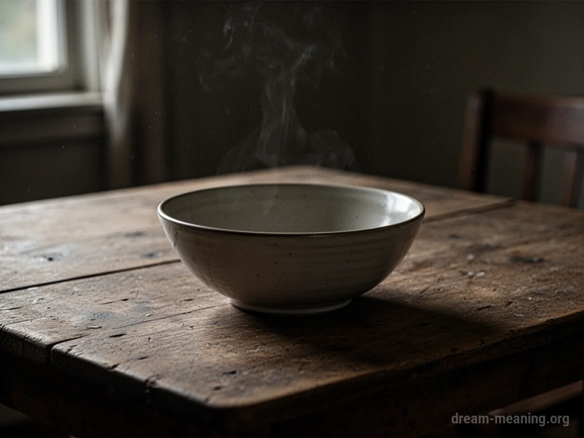 An empty bowl on a wooden table.