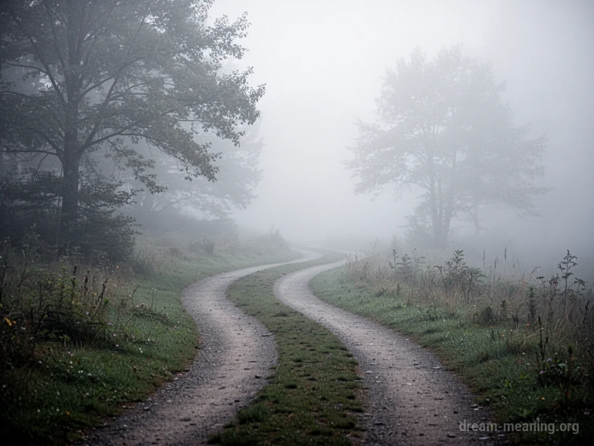 A winding path that divides into two, one branch disappearing into fog.
