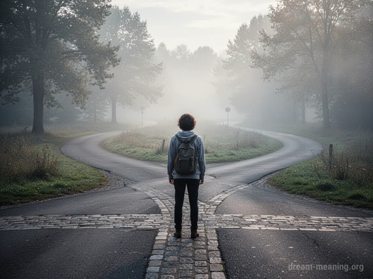 A person stands at a fork in the road, with one path obscured by fog.