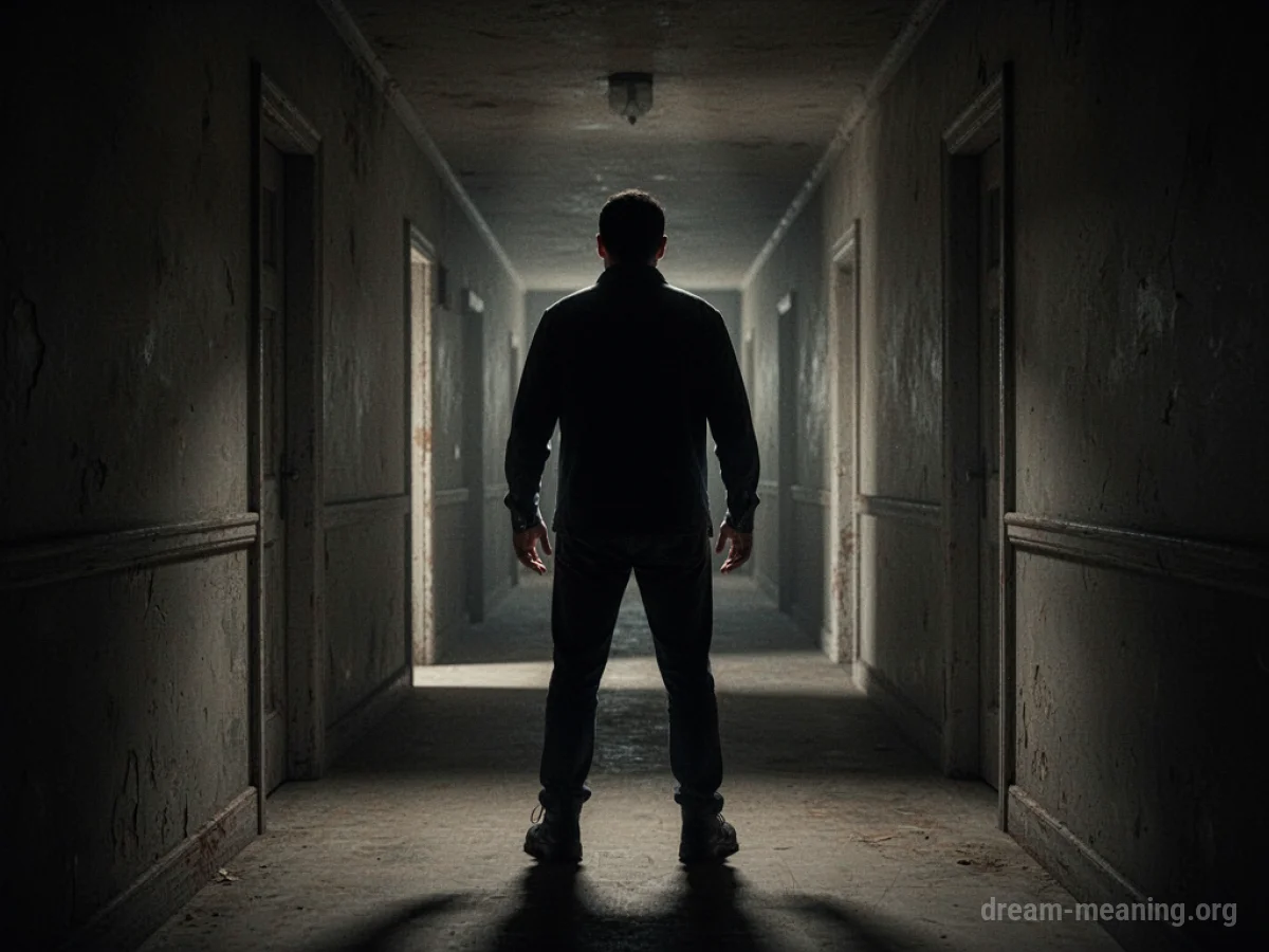 Silhouette of a person standing in a hallway, obscuring the path ahead.