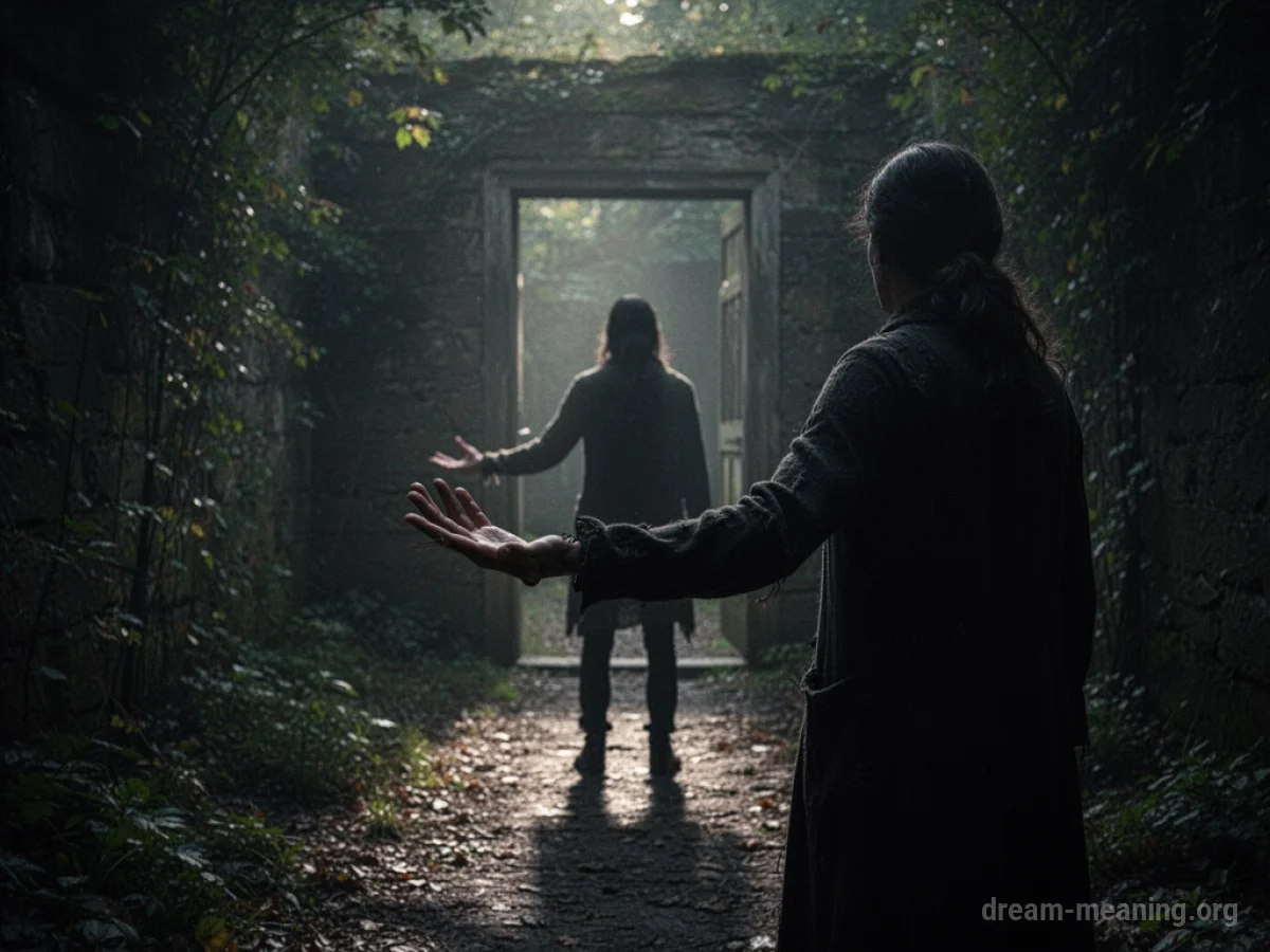 A silhouetted person holds up a hand to stop someone from entering a doorway.