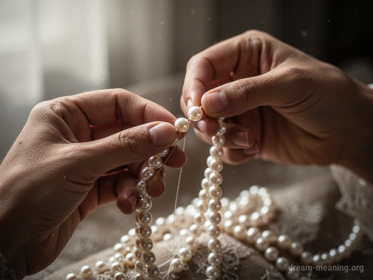 Hands threading pearls onto a string.