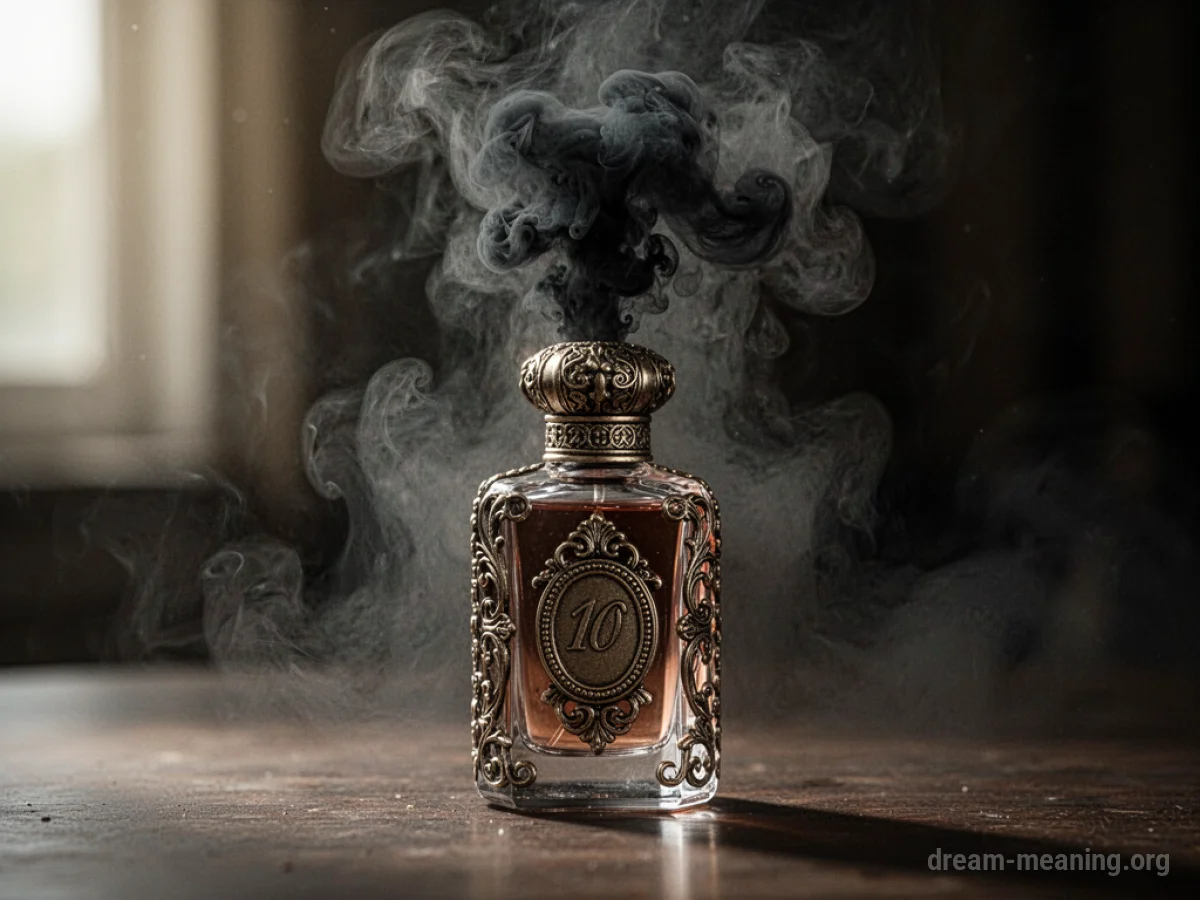An antique perfume bottle emitting a dark, thick cloud.