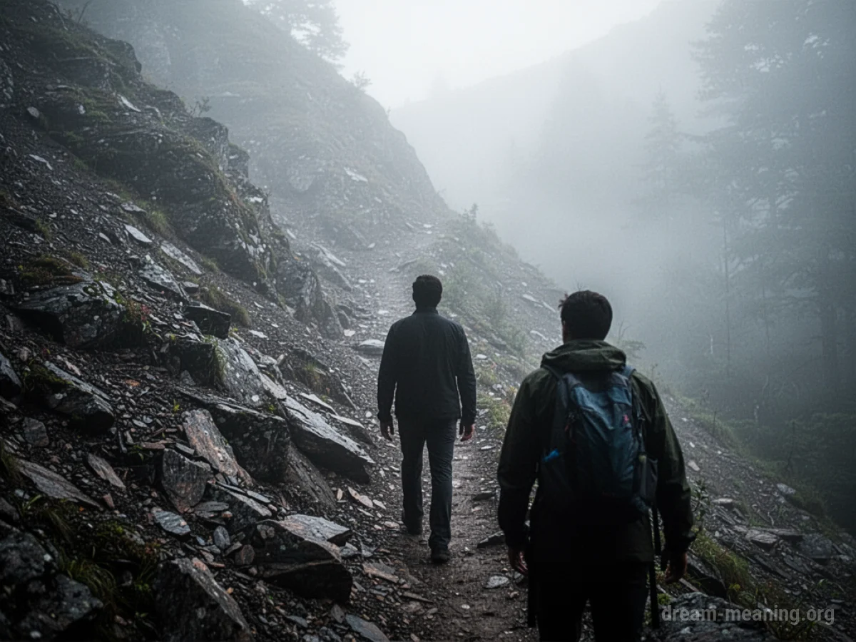 Silhouette of a person looking up at a steep, misty mountain path.