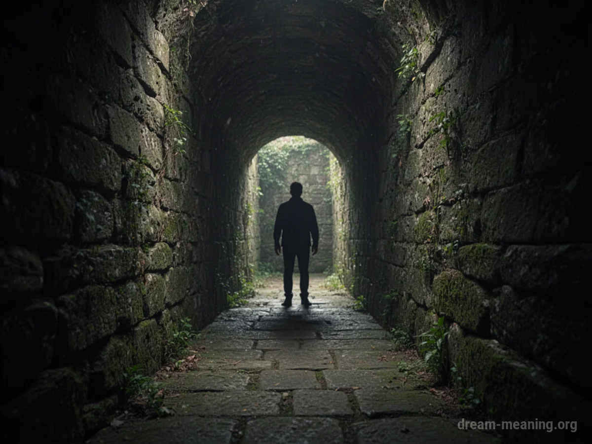 Silhouette of a person standing still in a narrow, dark passage.