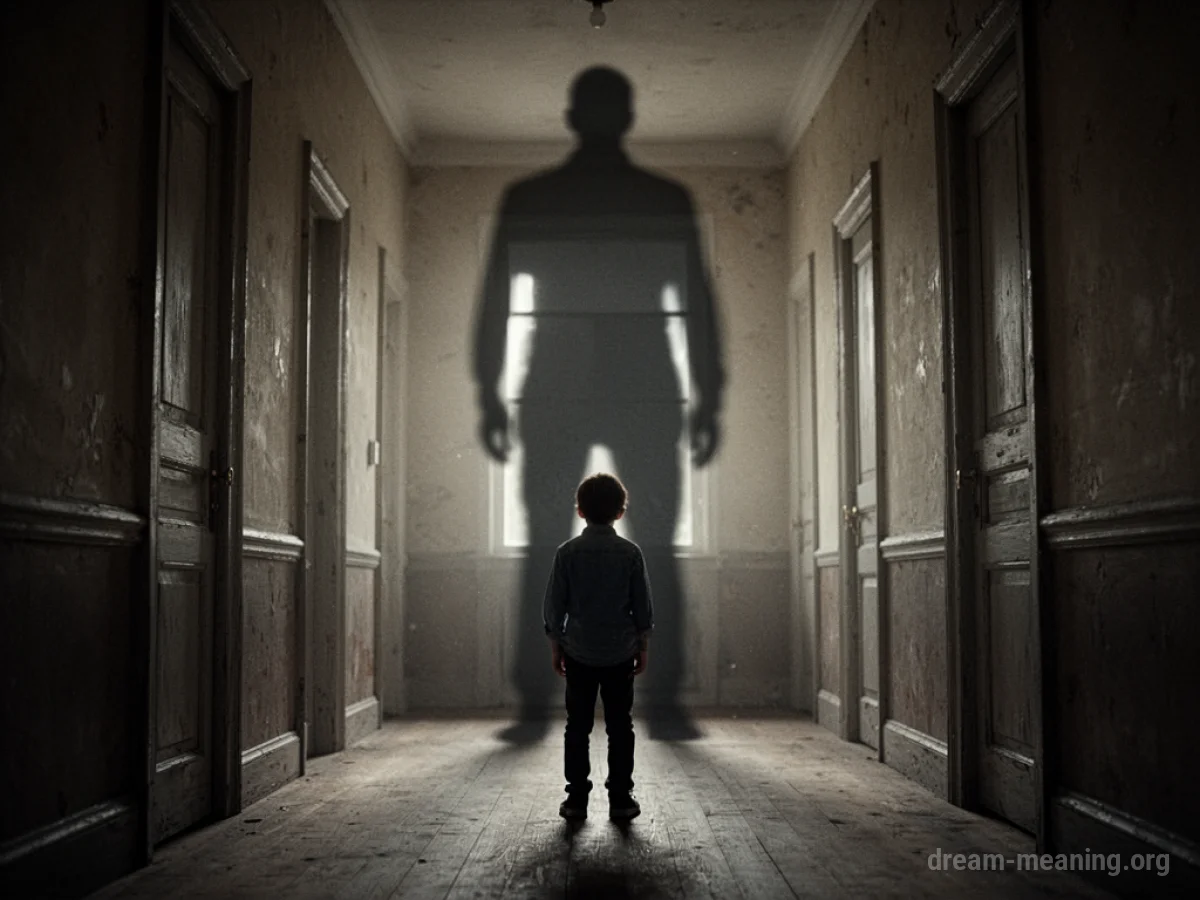 A small figure standing at the bottom of a staircase looking up at a larger, shadowed figure at the top.