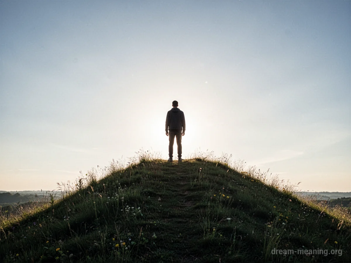 Silhouette of a person on a hilltop at sunrise.