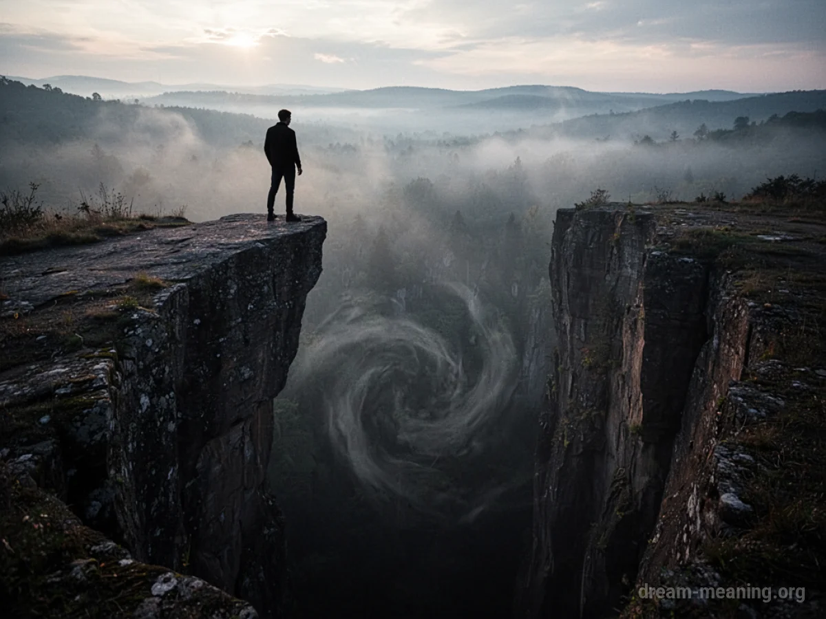 Silhouette of a person at a cliff edge overlooking a dark, misty void.