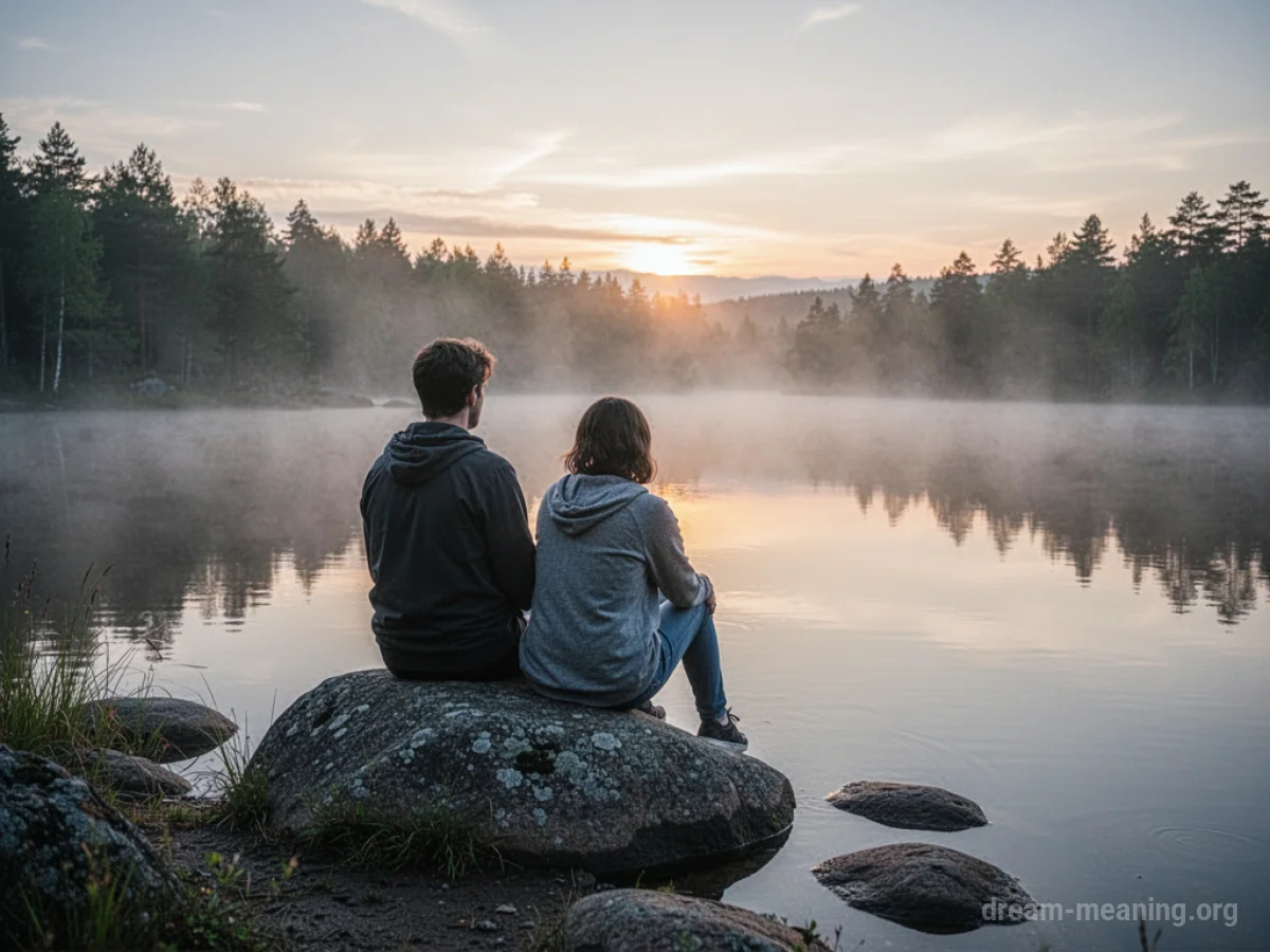 A person meditating on a rock by a misty lake.