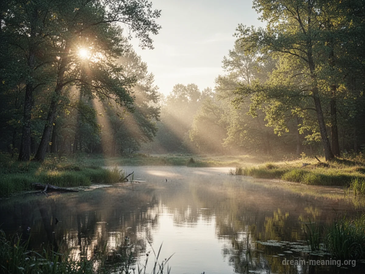 A serene landscape with gentle light and calm water.