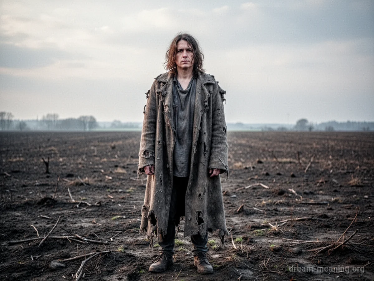 A solitary figure in worn clothing stands in a vast, empty field under a pale sky.