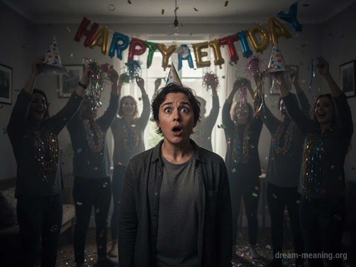 A person stands in a dark room with a surprised expression, facing a group of indistinct figures holding party streamers.