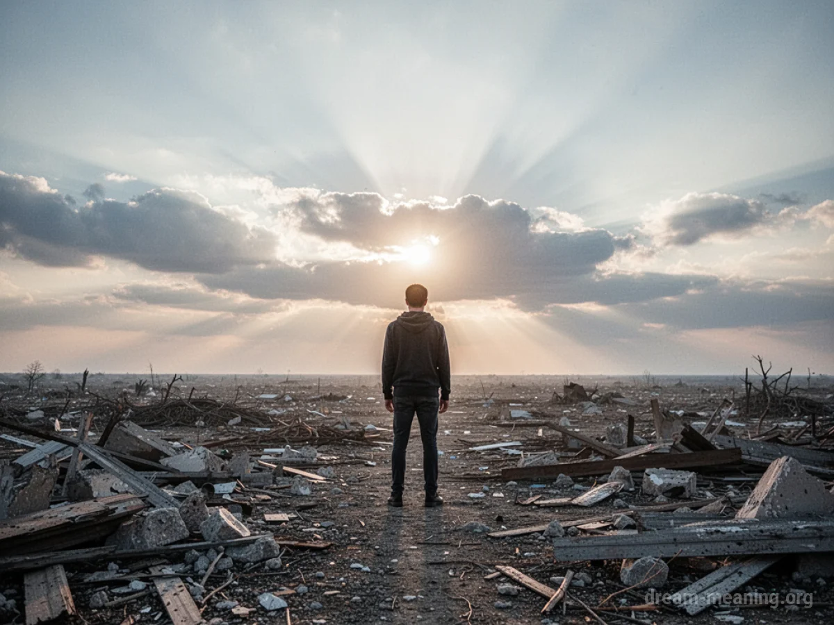 A person stands on wreckage under a clearing sky.