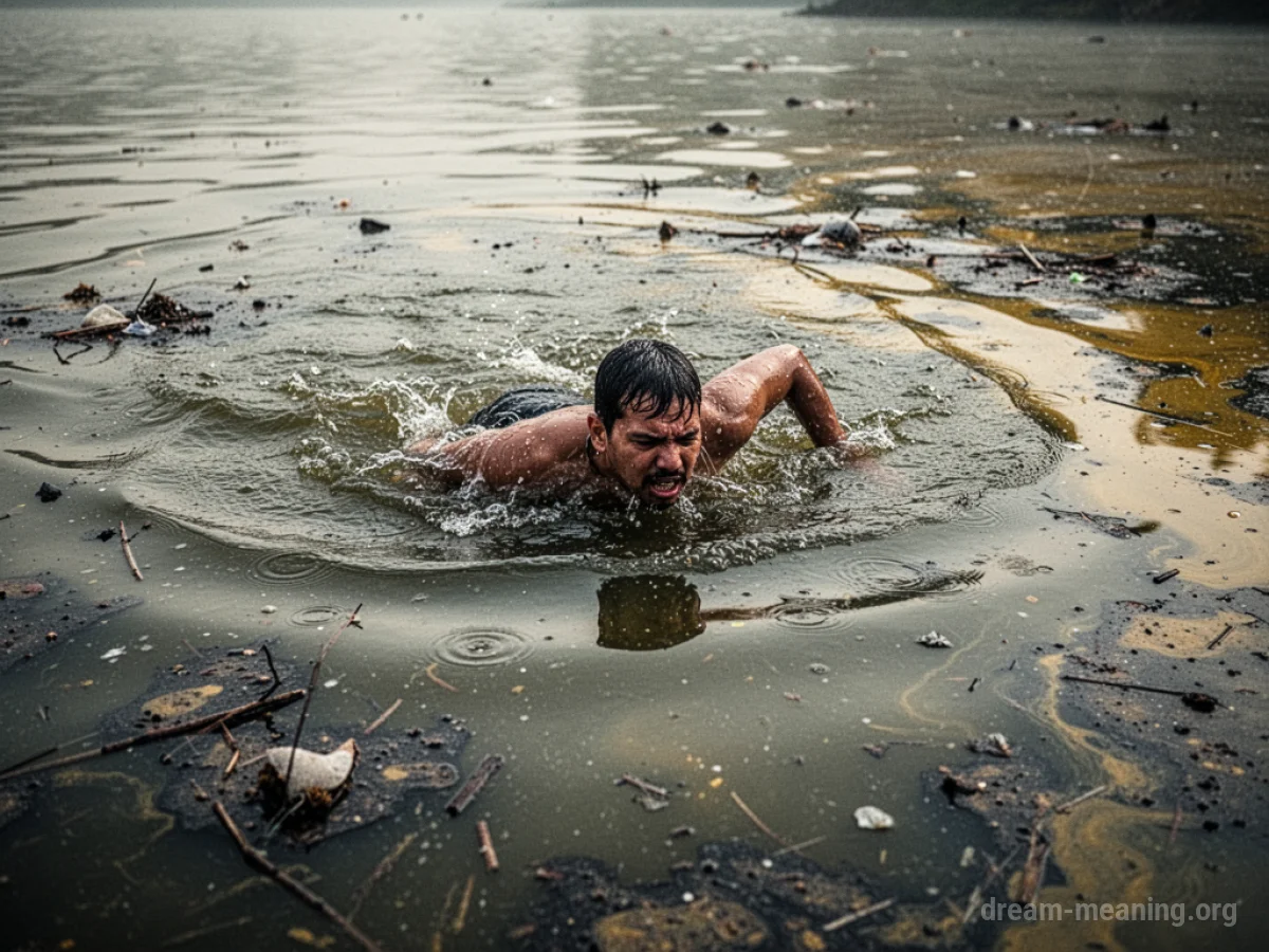 Person struggling to swim in dark, murky water with visible surface film.