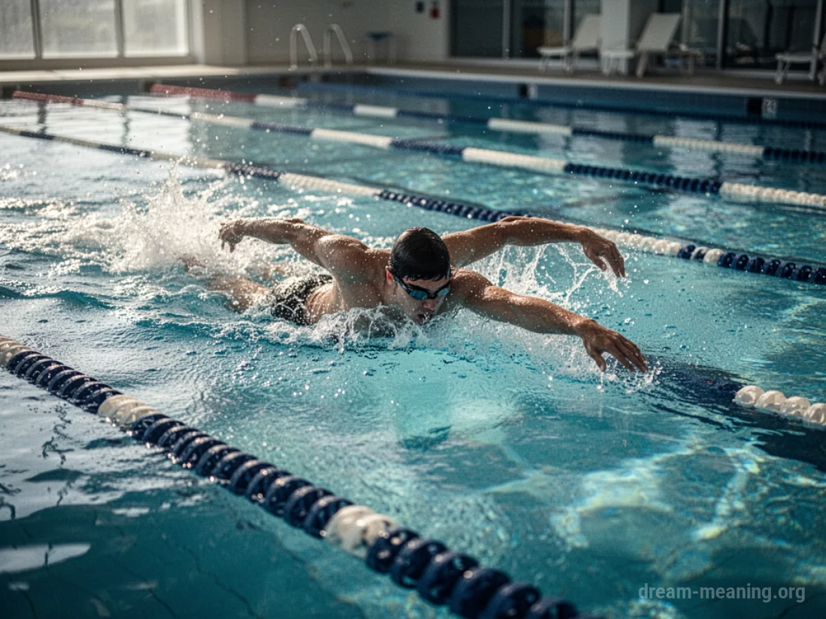 A single person swimming in a bright blue swimming pool.