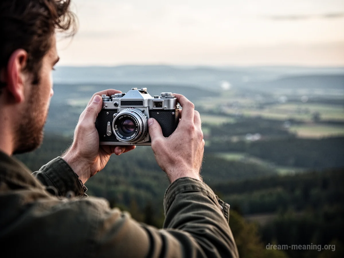 A person holds a camera pointed at a distant, soft-focus landscape.