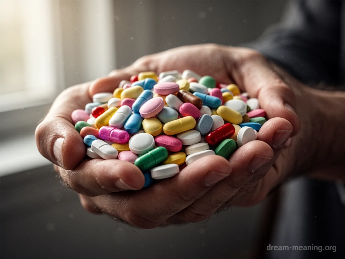 A hand holding a large pile of colorful pills.