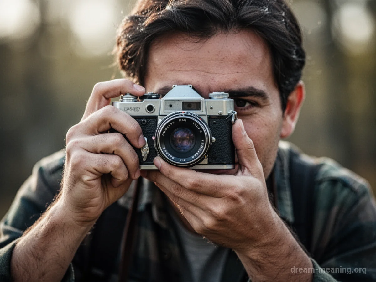 A person holding an old-fashioned camera up to their eye.