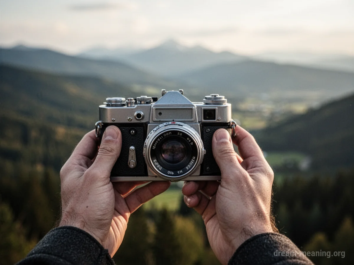 A vintage camera pointed towards a hazy outdoor scene.