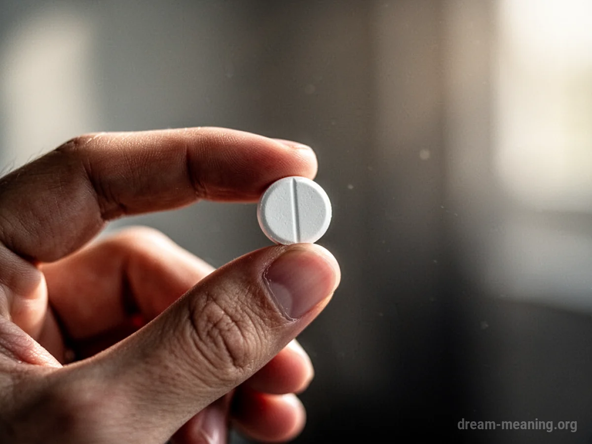 A person's hand holding a white pill.