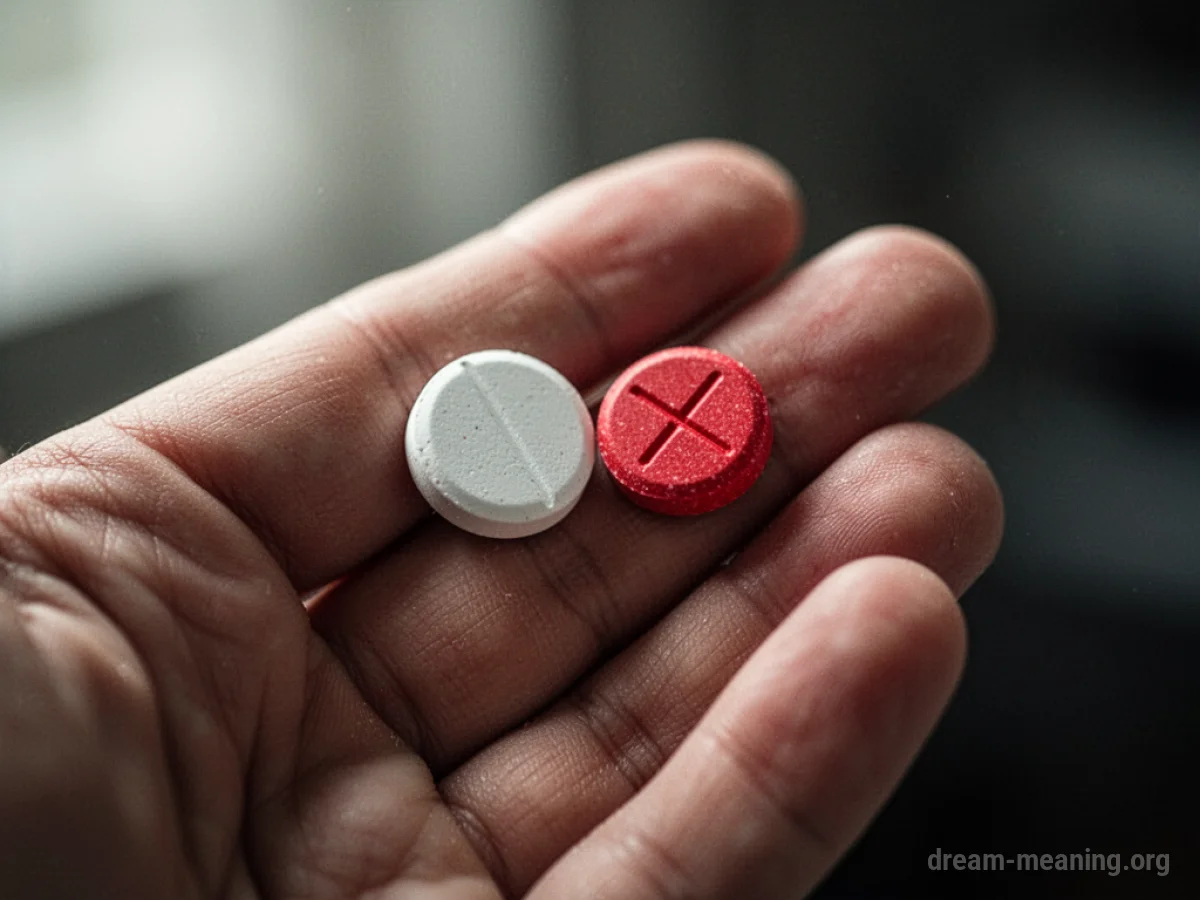A hand holding two different pills, one marked with a red X.