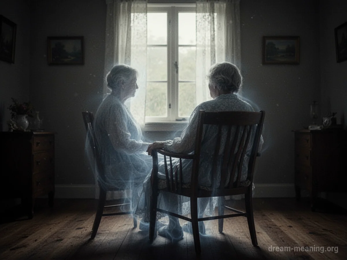 Spectral figure of a parent sitting in a dimly lit room.