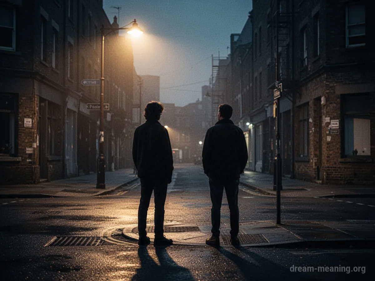 Silhouette of two people standing on a street corner at night.