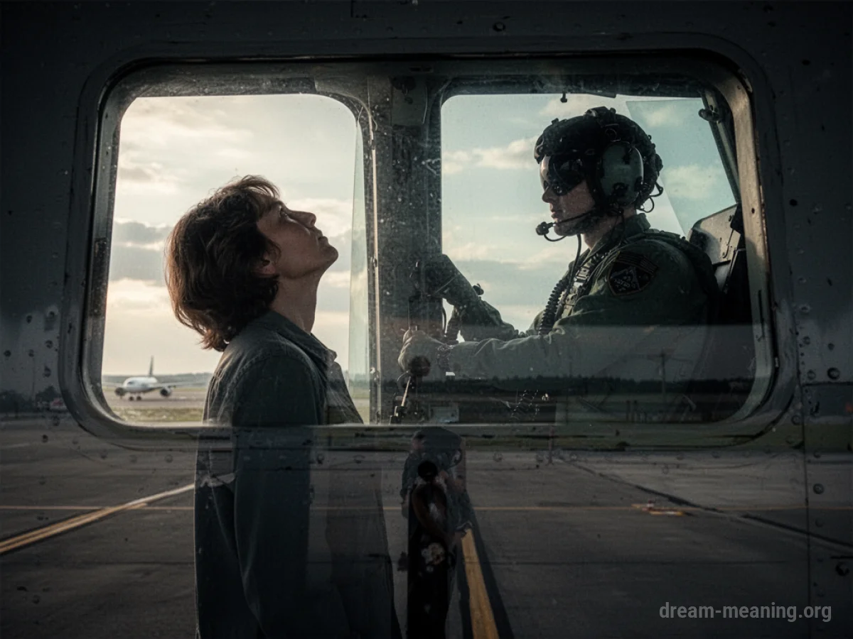 A person looking up at a pilot in an airplane cockpit.