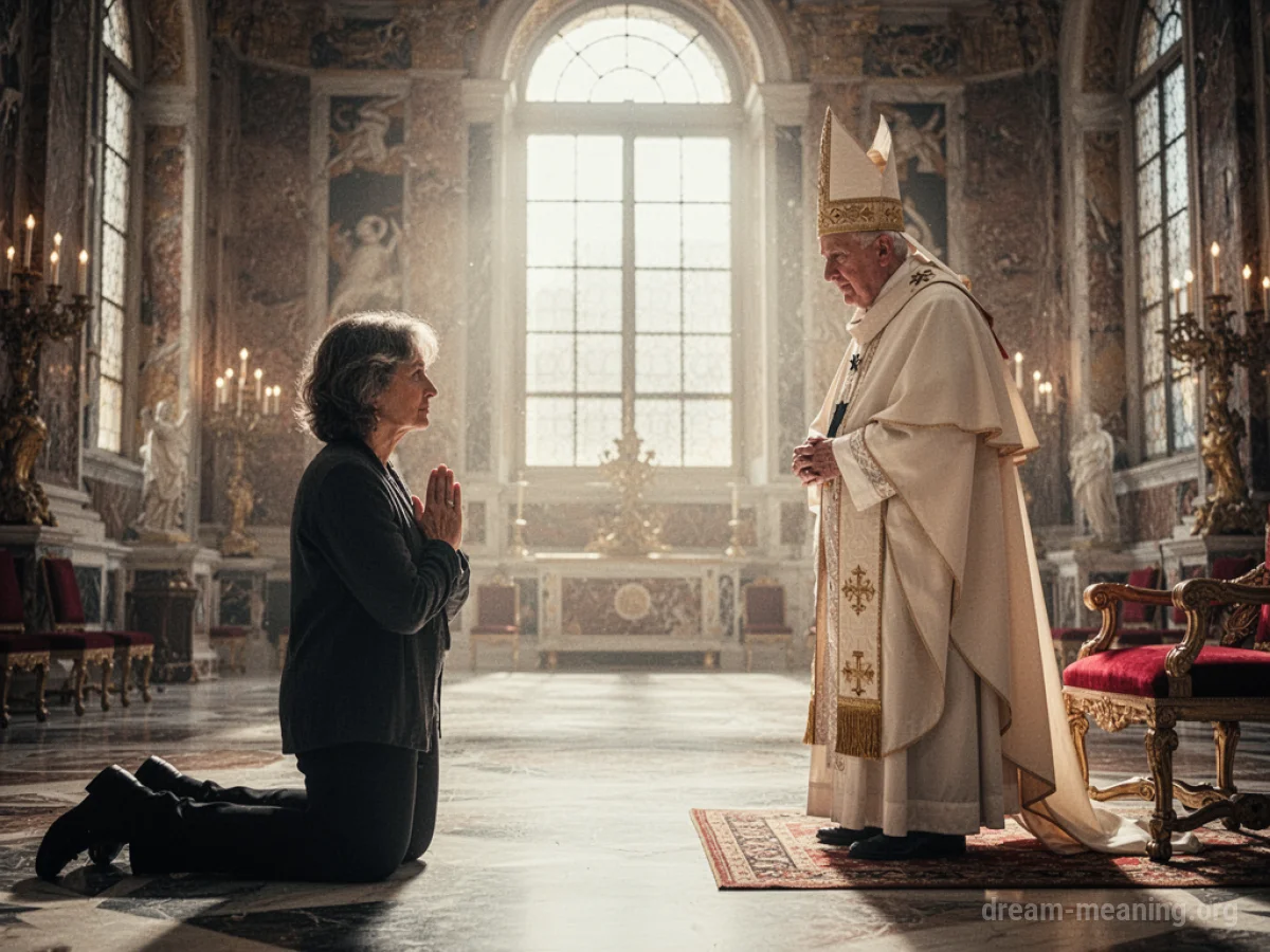 A person standing and facing a figure in papal robes.