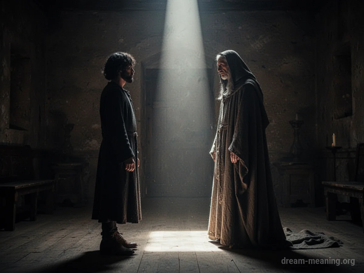 Silhouette of a person speaking to a robed figure.