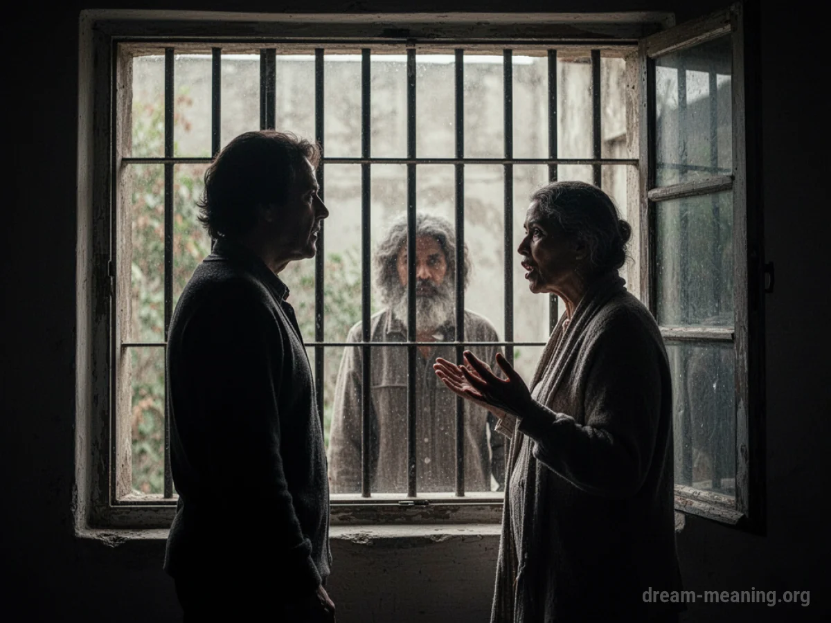 A figure speaks through the bars of a window to another figure inside.