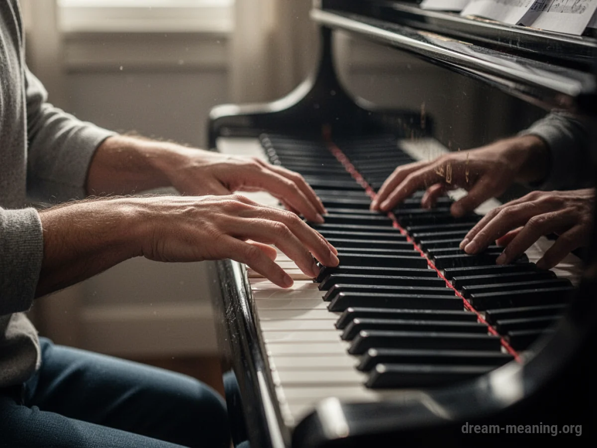 Hands demonstrating piano keys to another set of hands.