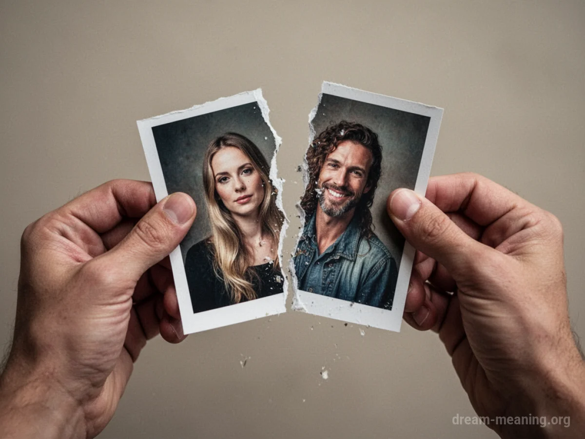 A photograph being torn into two pieces by hands.