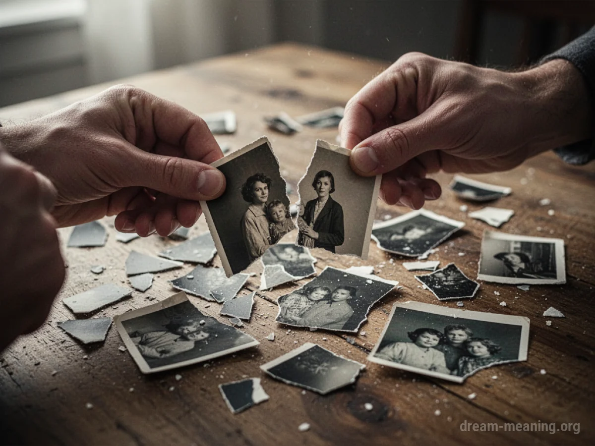 Hands tearing a photograph into small pieces.