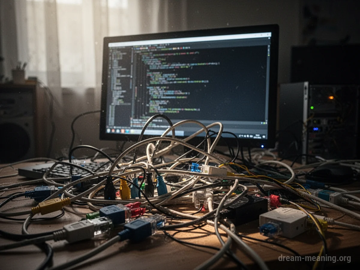 A jumbled pile of computer cables and wires near a dimly lit computer screen.