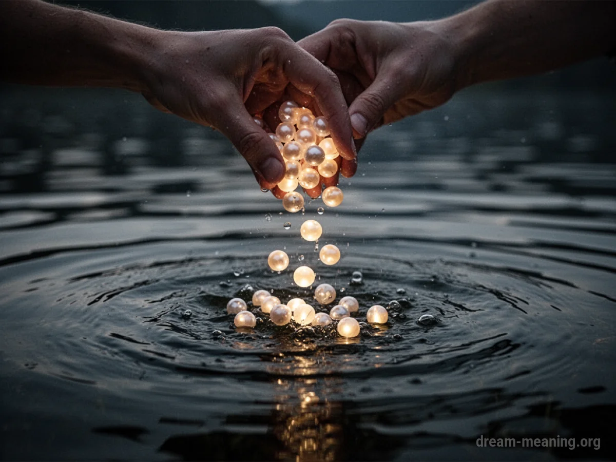 A hand releases several glowing pearls into dark, rippling water.