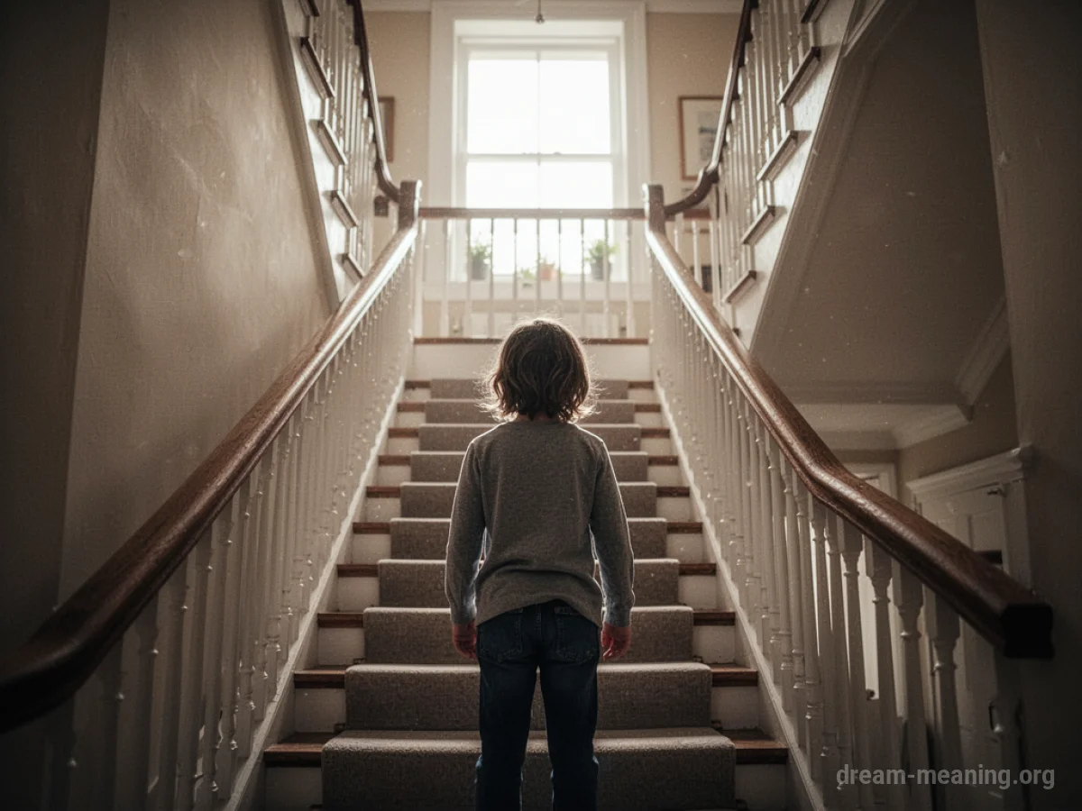 A person looking up a staircase towards a light.
