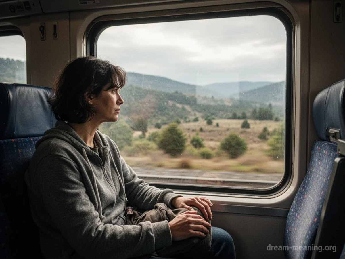 A person viewed from behind, sitting in a train seat and looking out the window.
