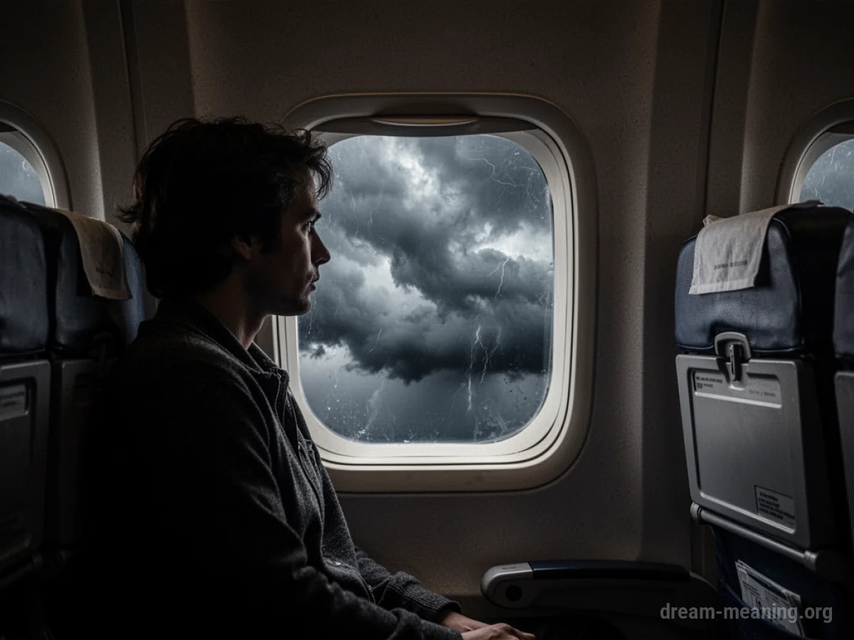 Silhouette of a person in an airplane cabin window looking at a stormy sky.