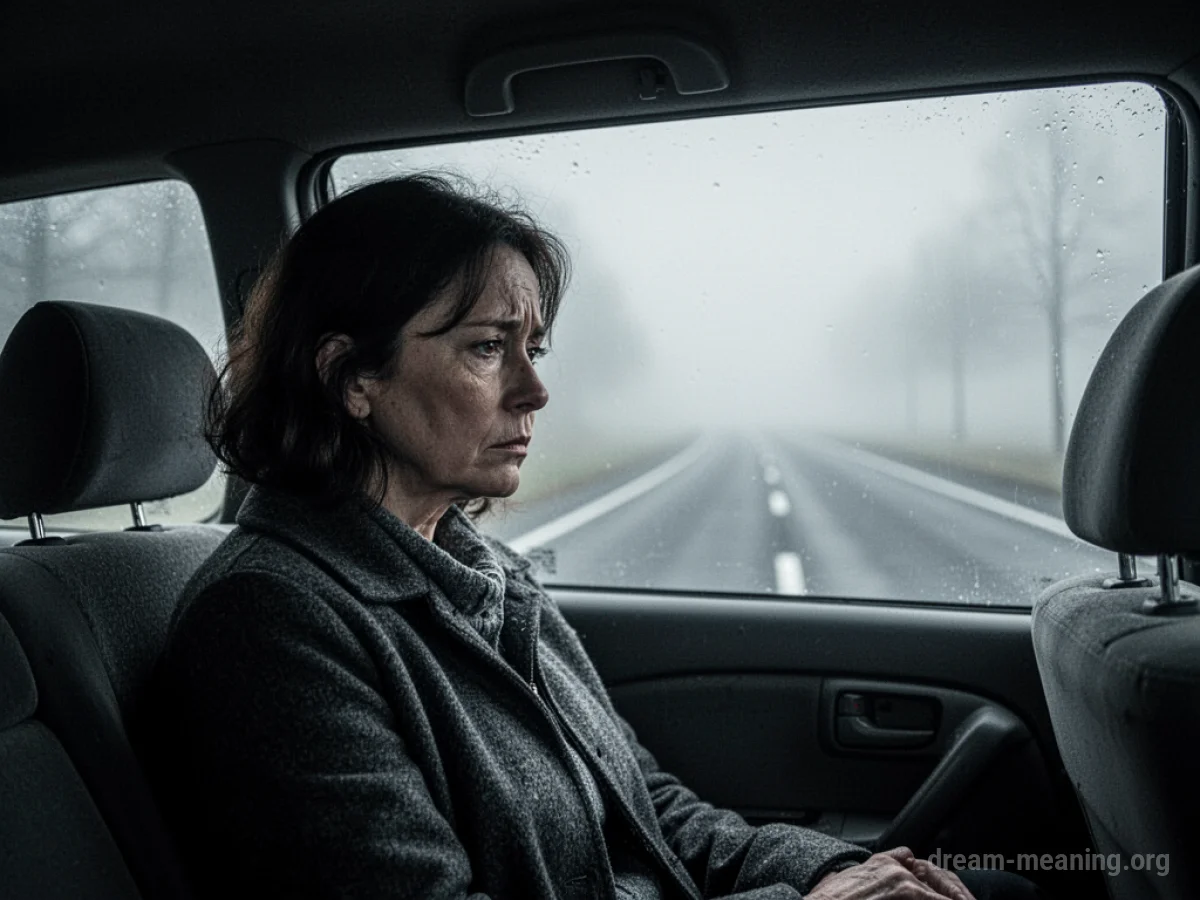 Silhouette of a person in the passenger seat of a car, looking out a foggy window.