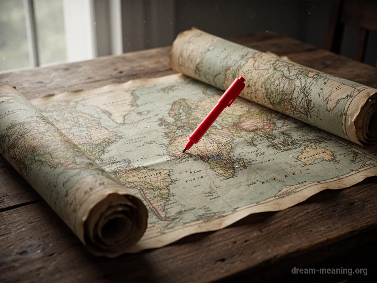 An unrolled map with a marker on it.
