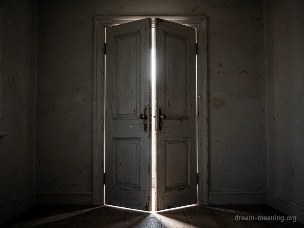 A door slightly ajar with light peeking through the crack.