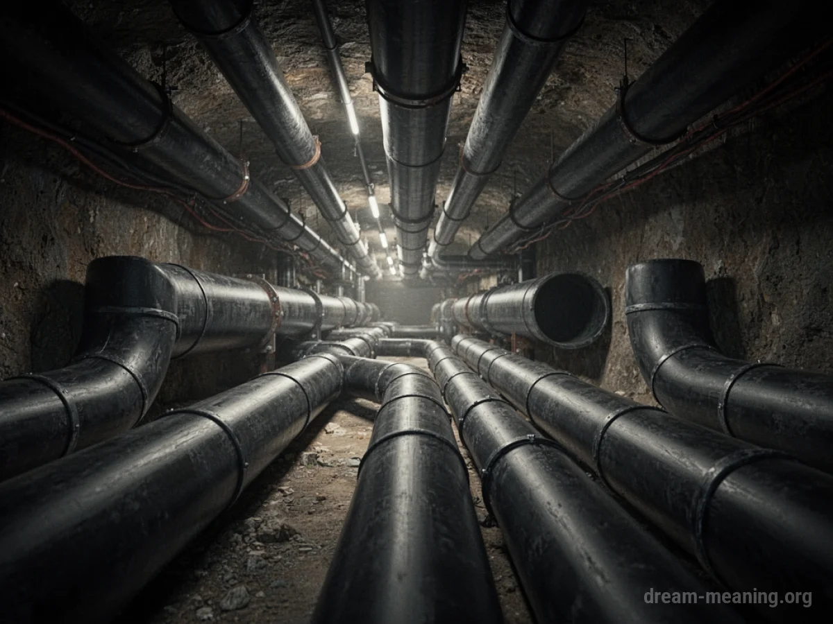 A dark network of large pipes running beneath the ground.