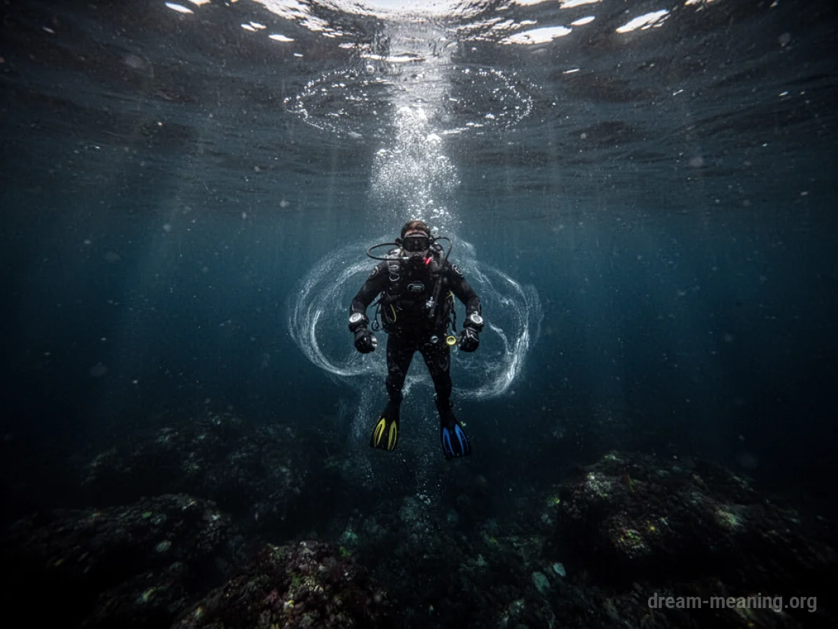 A scuba diver surrounded by dark, deep ocean water.