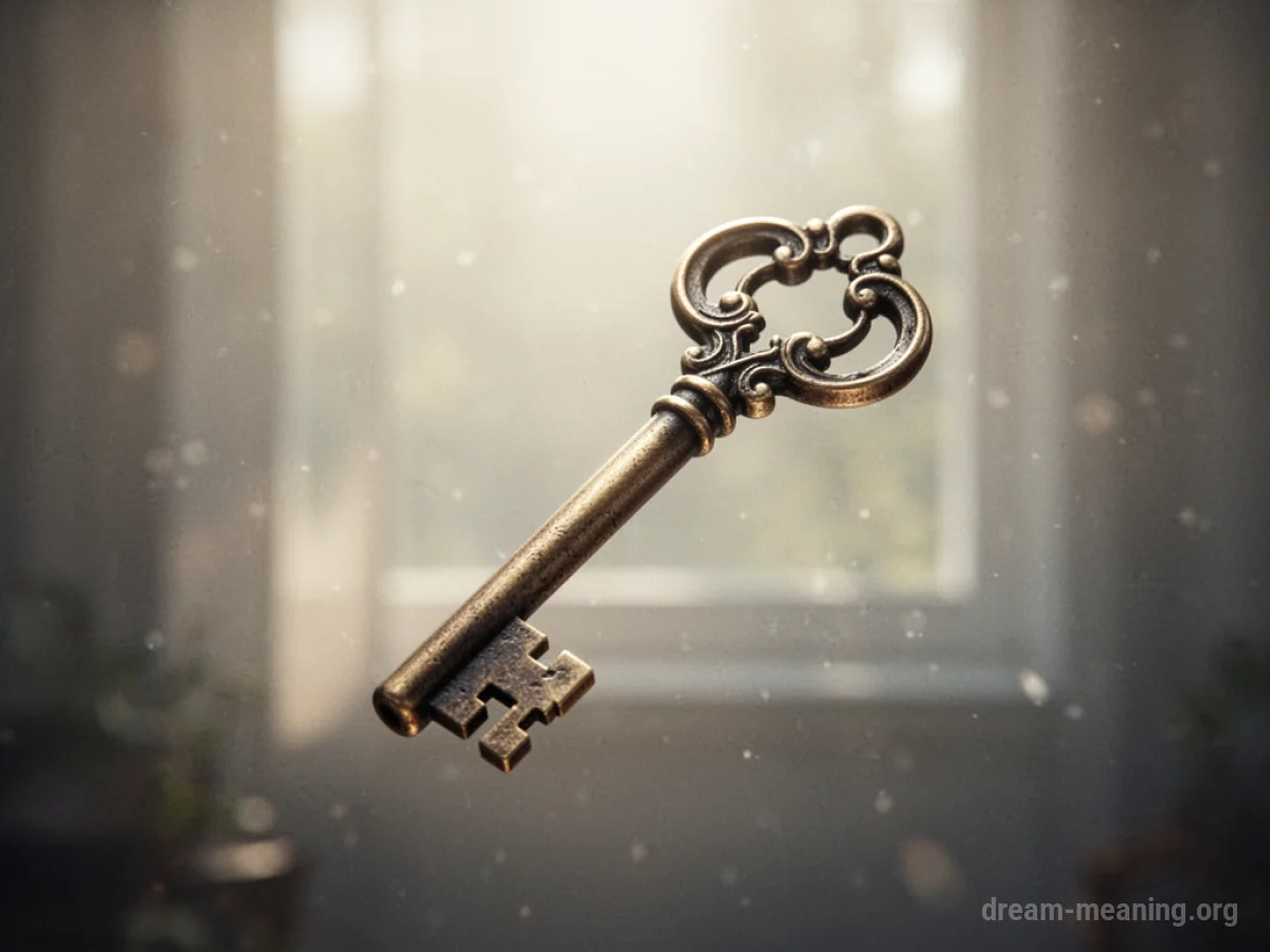 A decorative key suspended in soft light.