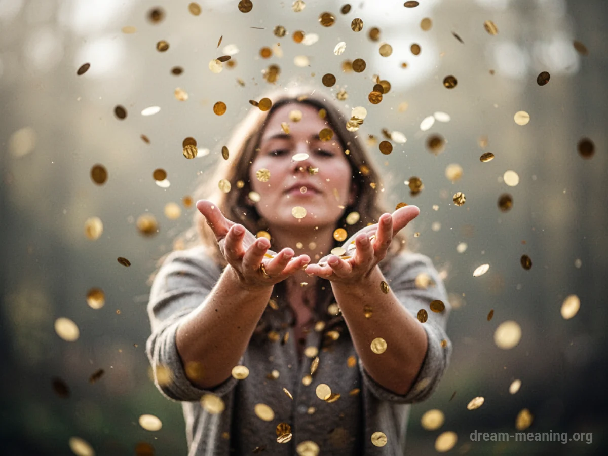 Golden confetti falling from above towards an outstretched hand.